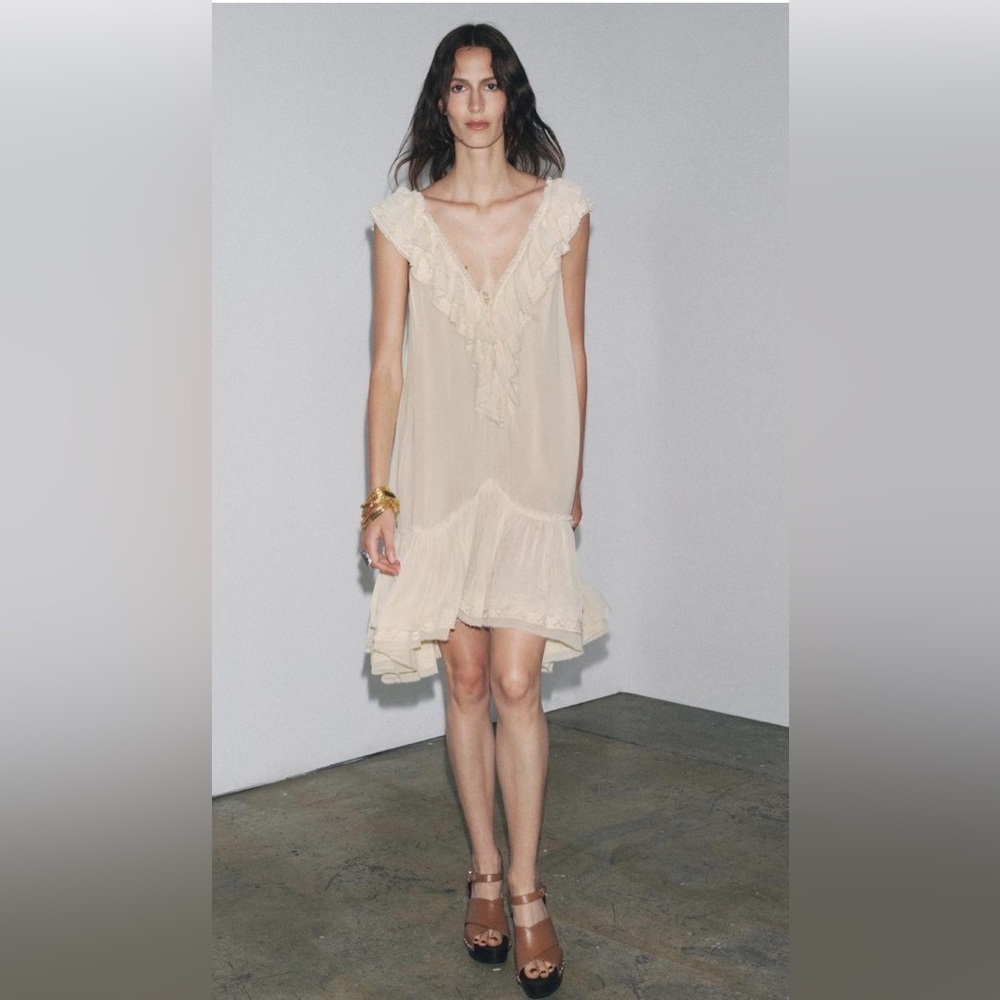 Zara Cream Ruffle V-Neck Mini Dress with Frilled Hem